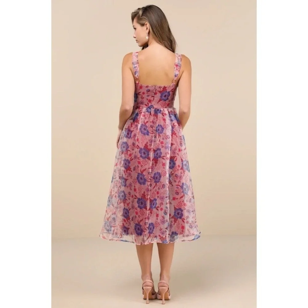 Lulus Delightful Look Magenta Floral Print Bustier‎ Midi Skater Dress Size L - Picture 11 of 14